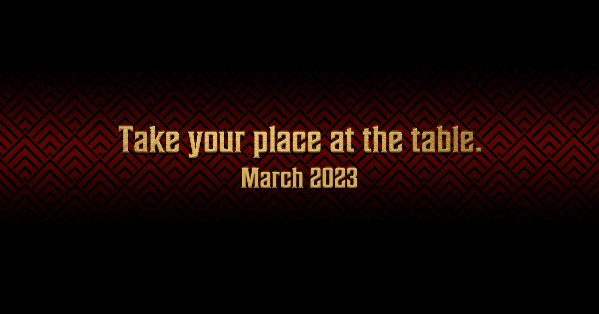 Gold text "Take your place at the table" on red geometric background