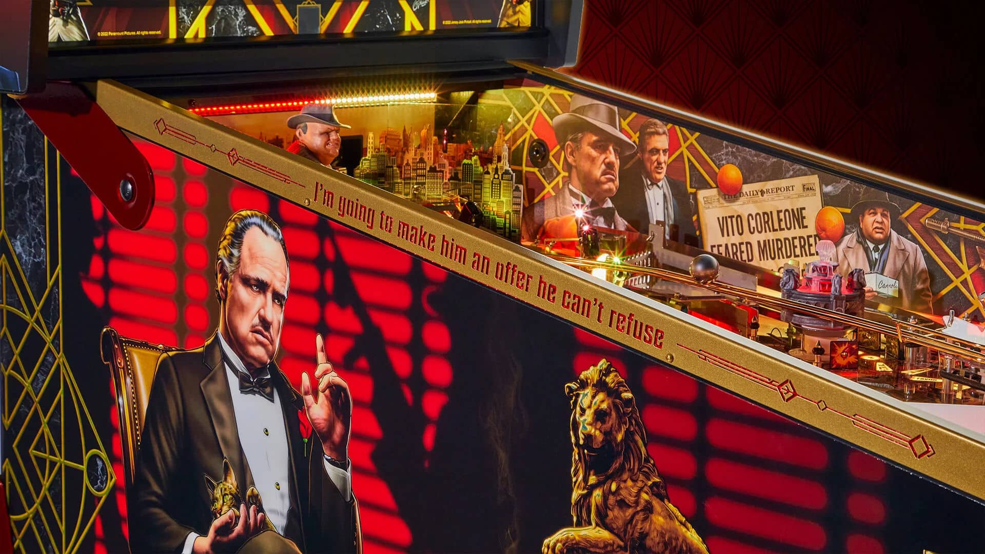 The Godfather pinball machine with Vito Corleone and movie scenes