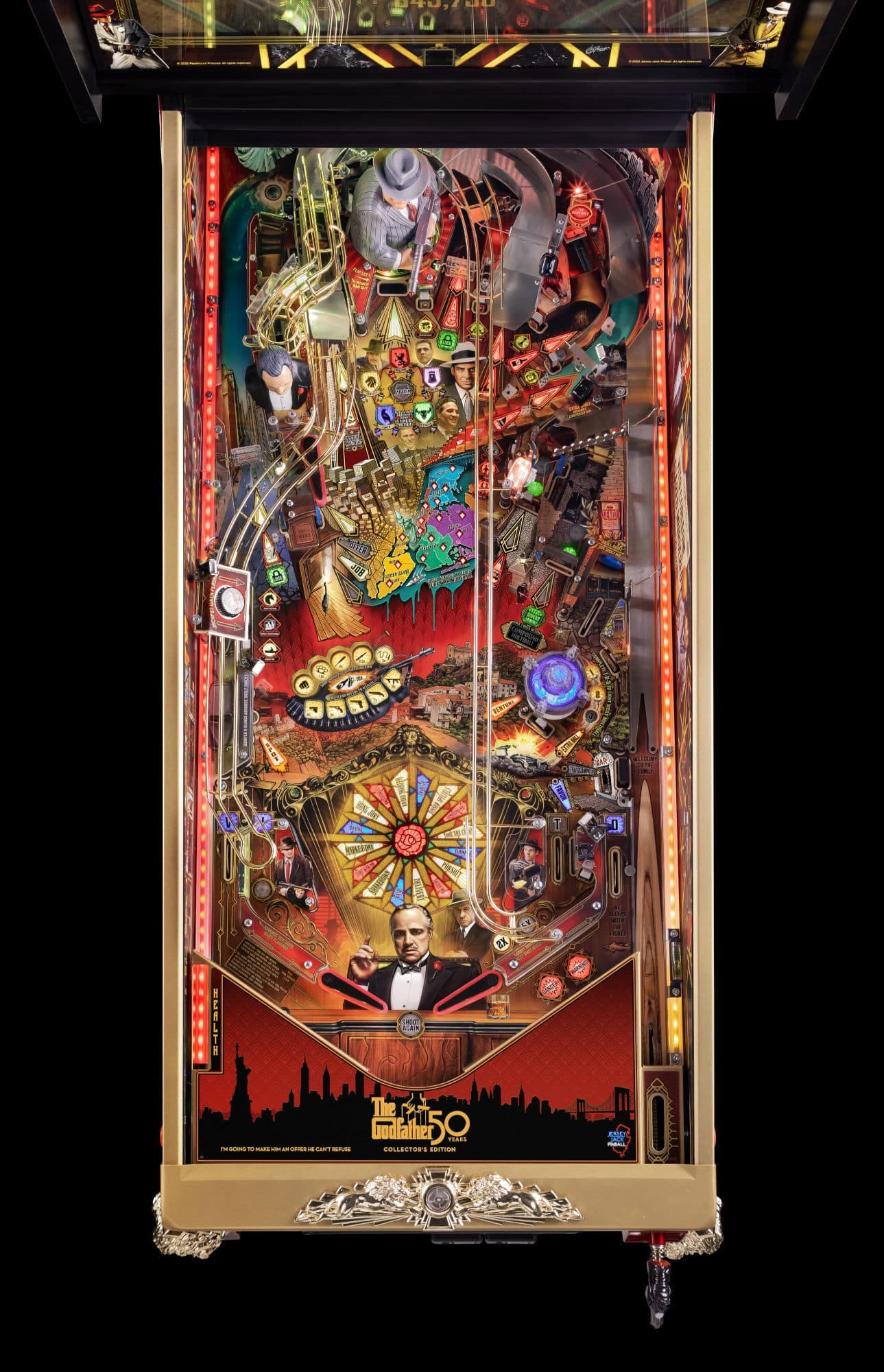 Intricate Godfather-themed pinball machine with detailed movie scenes and characters