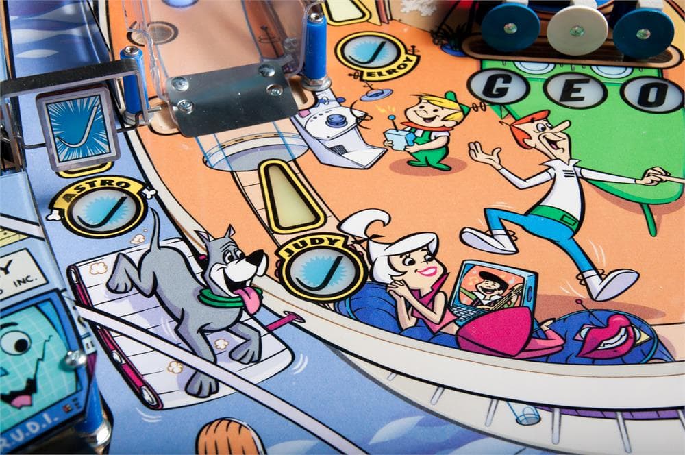 Cartoon characters in futuristic space with computers and technology