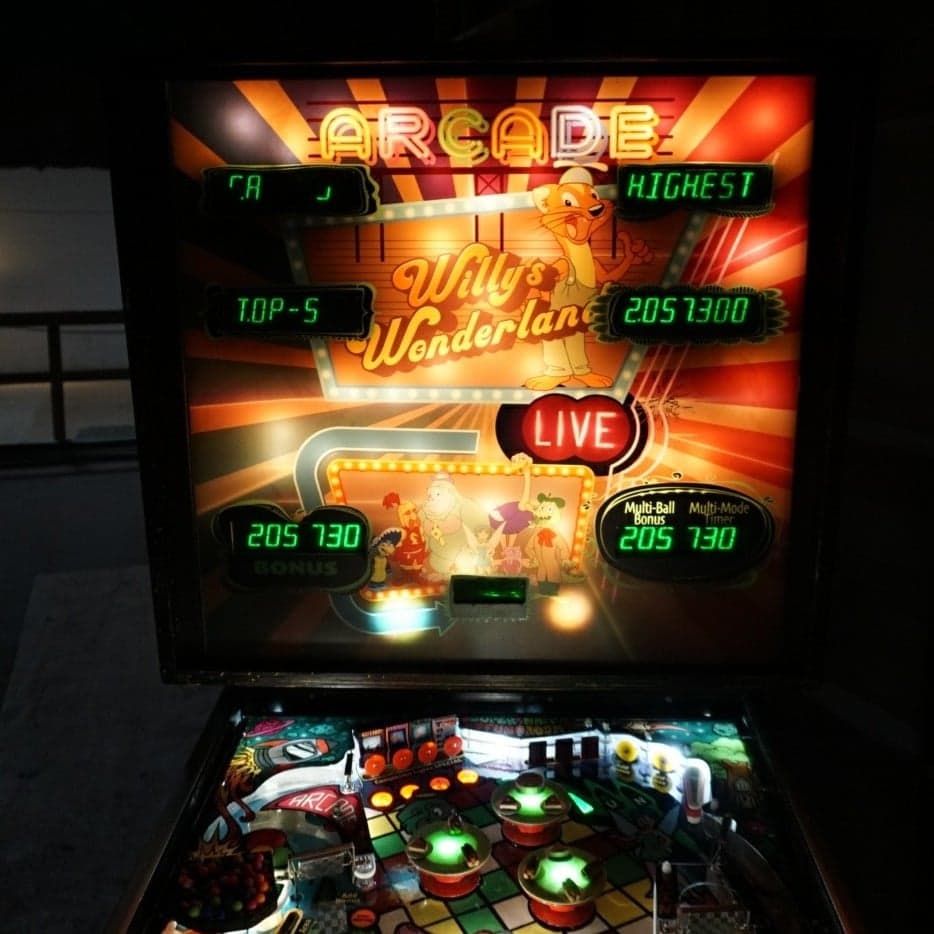 Vintage Wally's Wonderland arcade pinball machine with colorful display