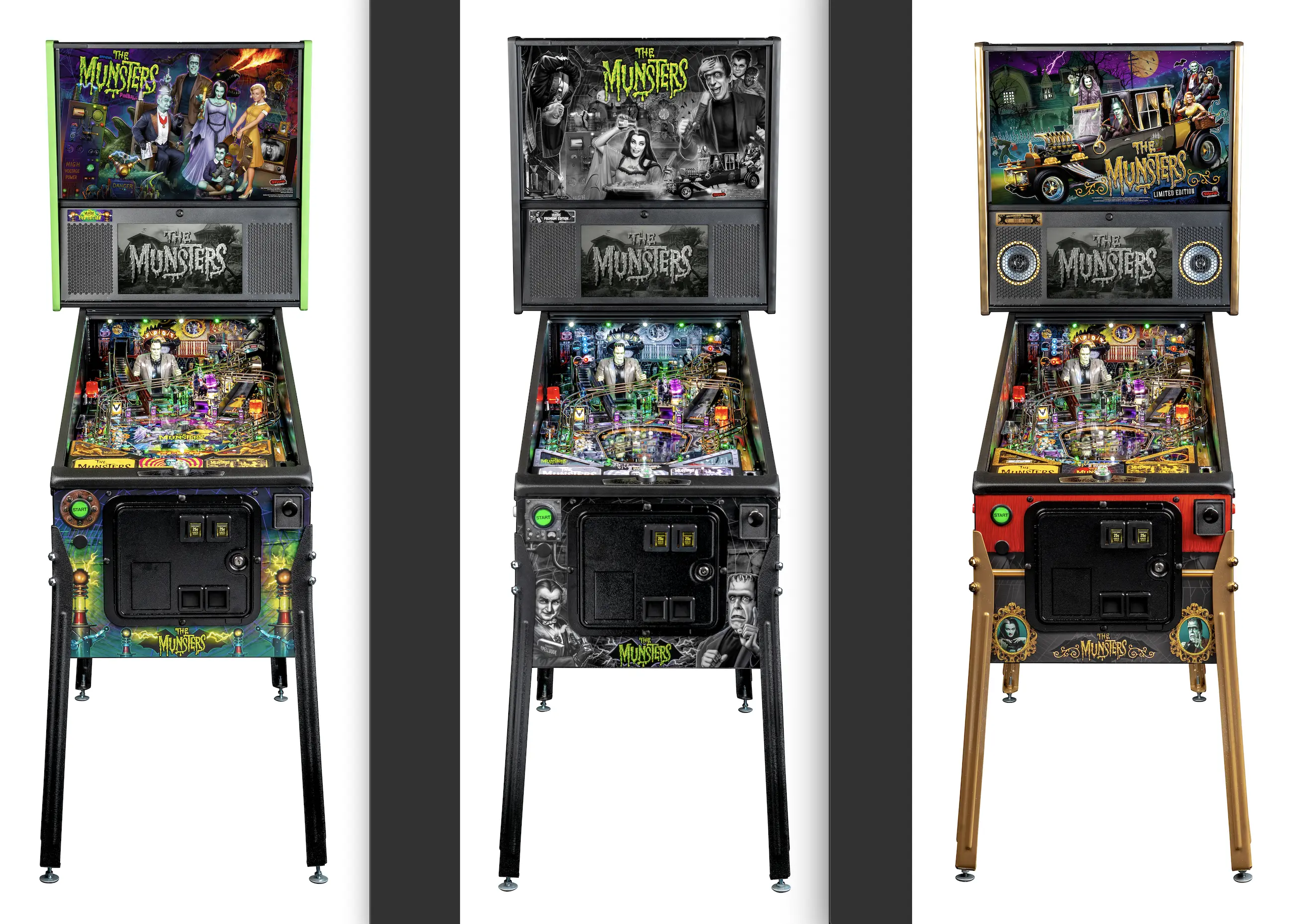 Three The Munsters themed pinball machines in different color variations