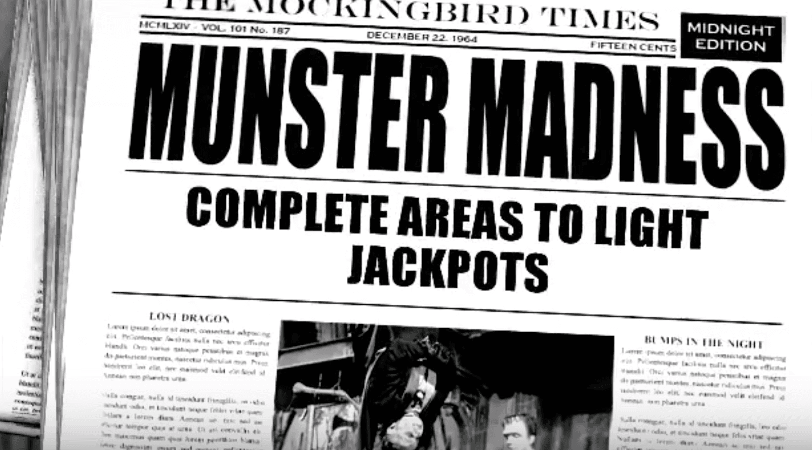 Vintage newspaper front page with dramatic "Munster Madness" headline