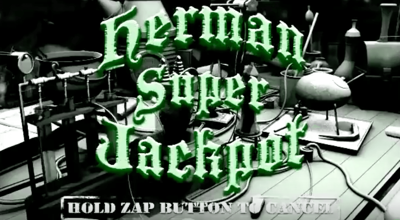 Stylized green text "Herman Super Jackpot" on laboratory-like background