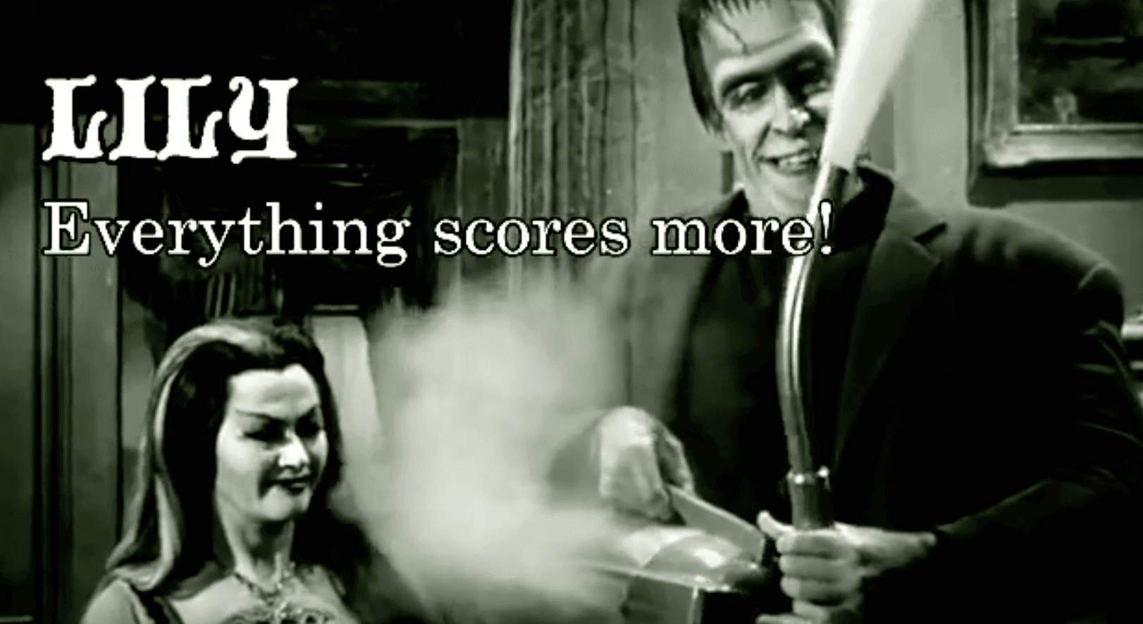 Lily TV show poster with smiling characters in black and white