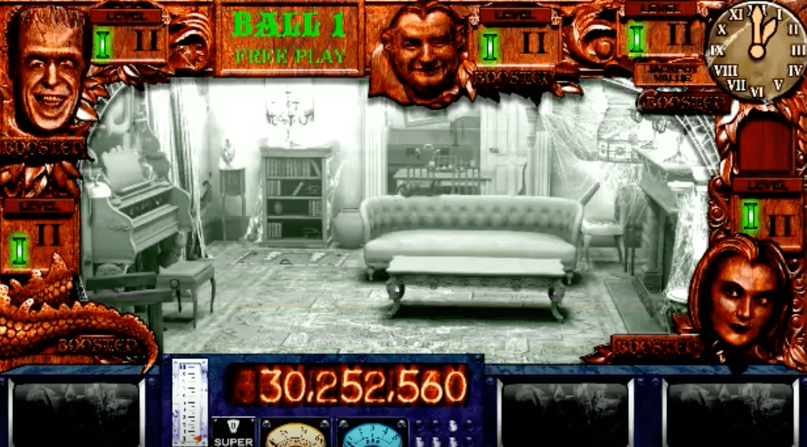 Vintage pinball game screen with living room scene and digital scoreboard