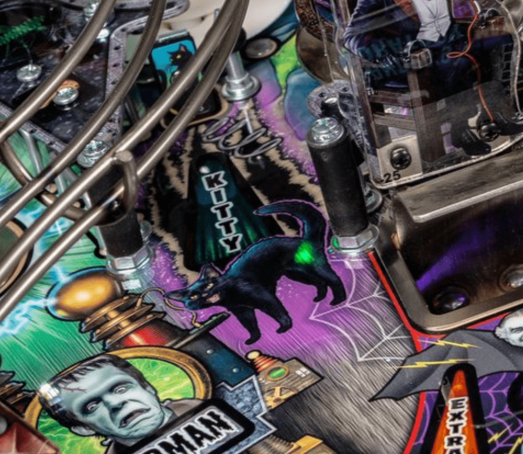 Colorful pinball machine with black cat and vintage sci-fi imagery