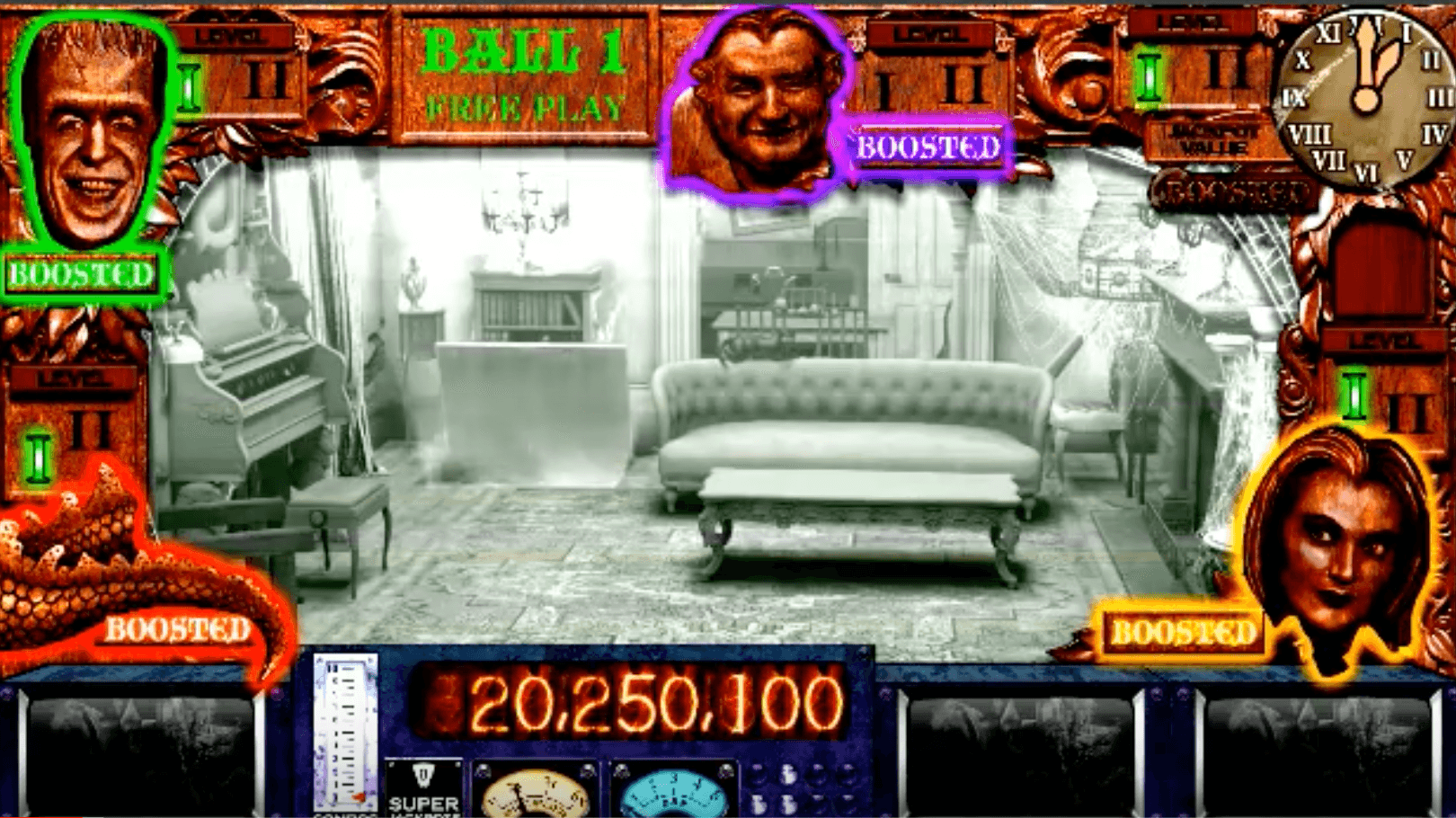 Vintage pinball machine screen with monochrome room and player portraits