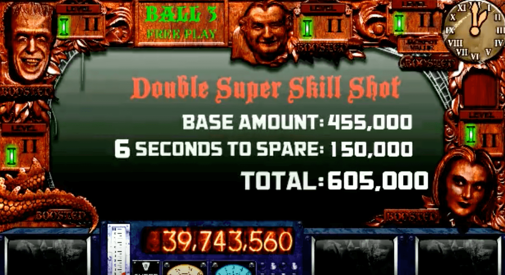 Pinball machine score screen showing Double Super Skill Shot results