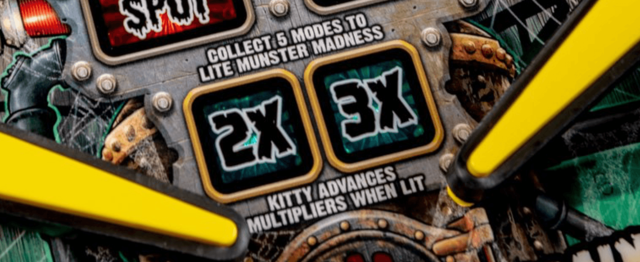 Pinball machine display showing monster multipliers and game scoring
