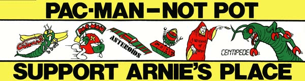 Vintage Pac-Man-themed banner supporting Arnie's Place with cartoon characters
