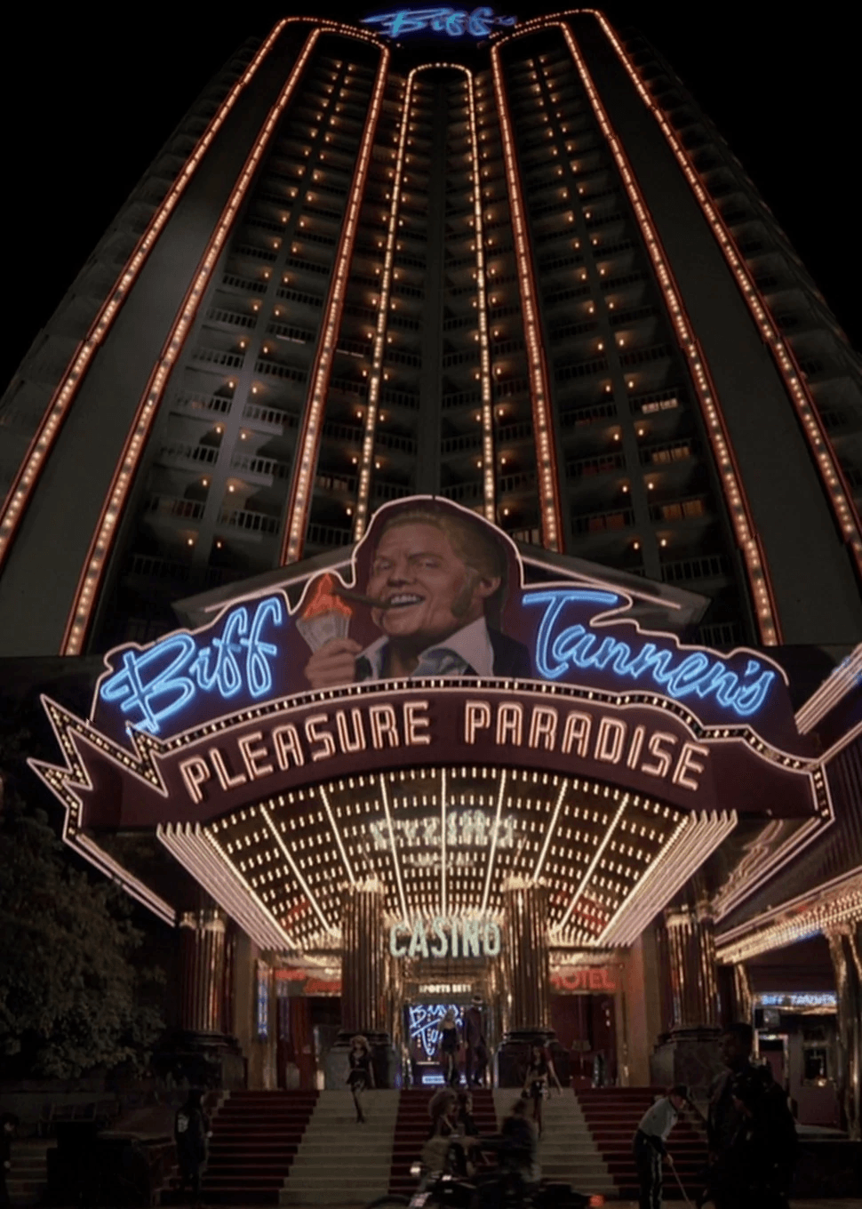 Illuminated Biff Tannen's Pleasure Paradise Casino at night