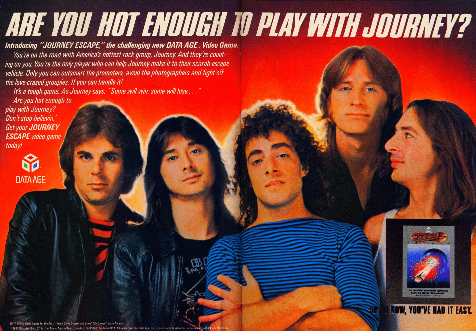 Journey band members posing for Journey Escape video game advertisement