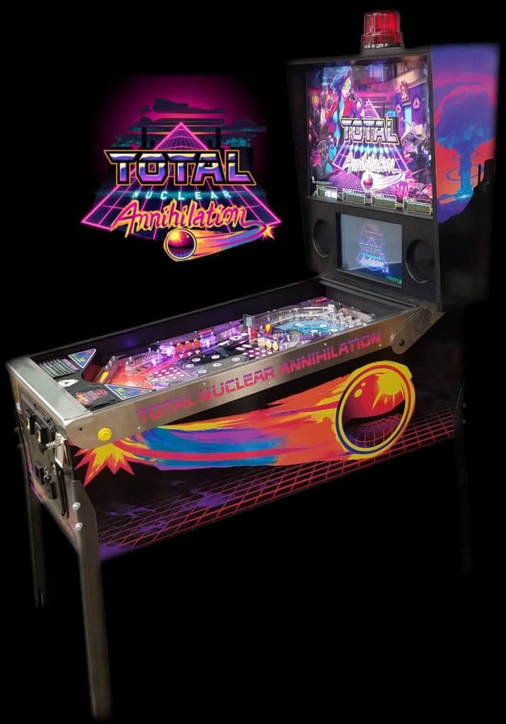Retro-styled Total Annihilation pinball machine with vibrant neon colors