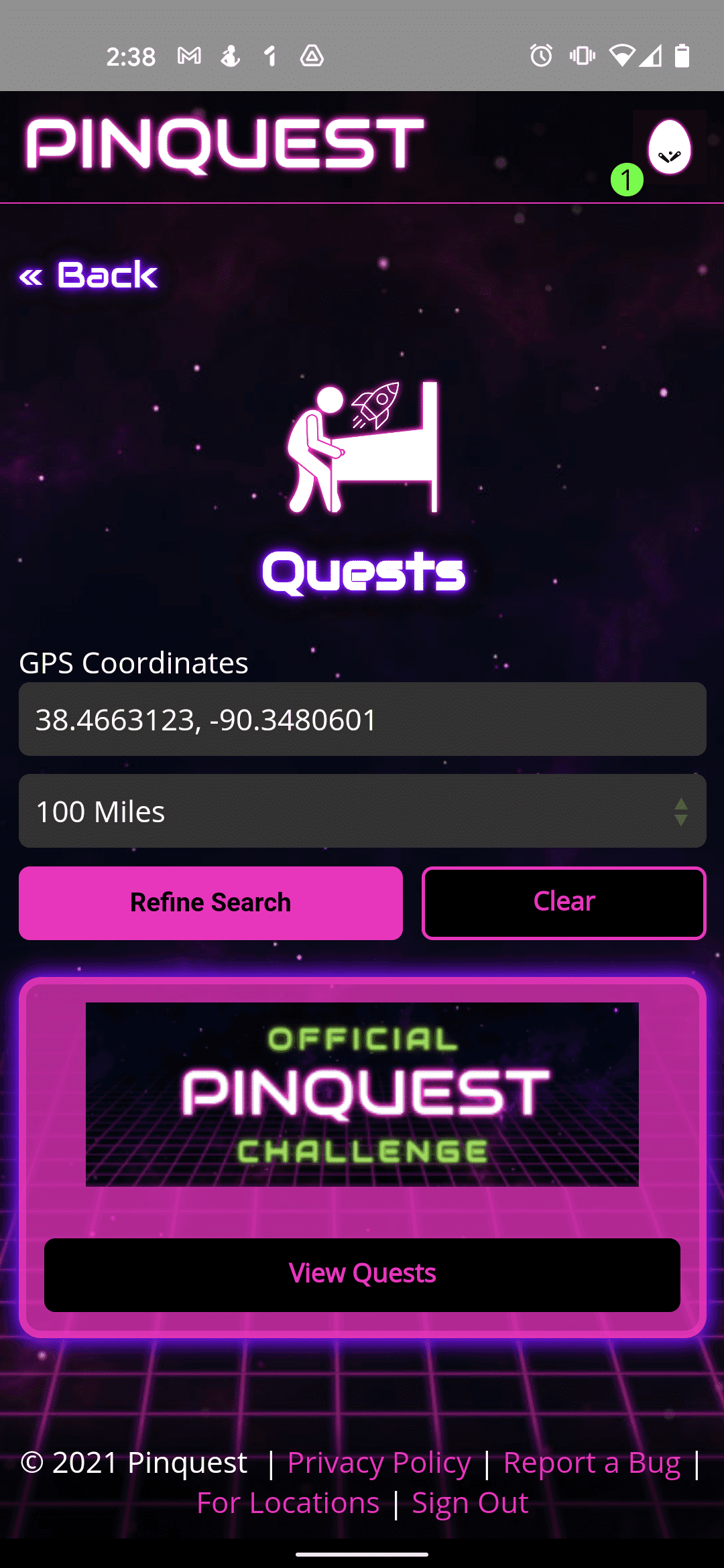 Pinquest app interface with quests, GPS coordinates, and retro space design