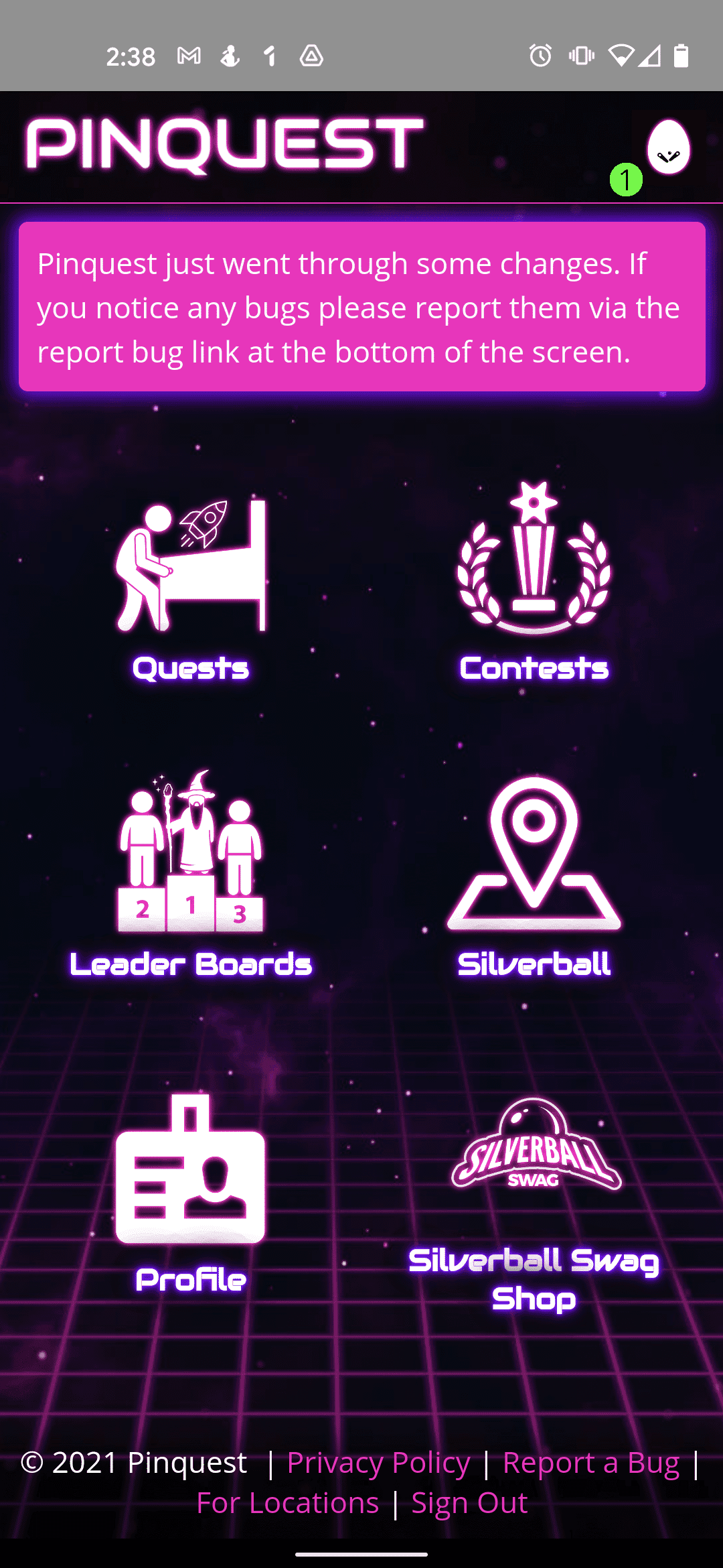 Pinquest app interface with neon pink menu showing game features