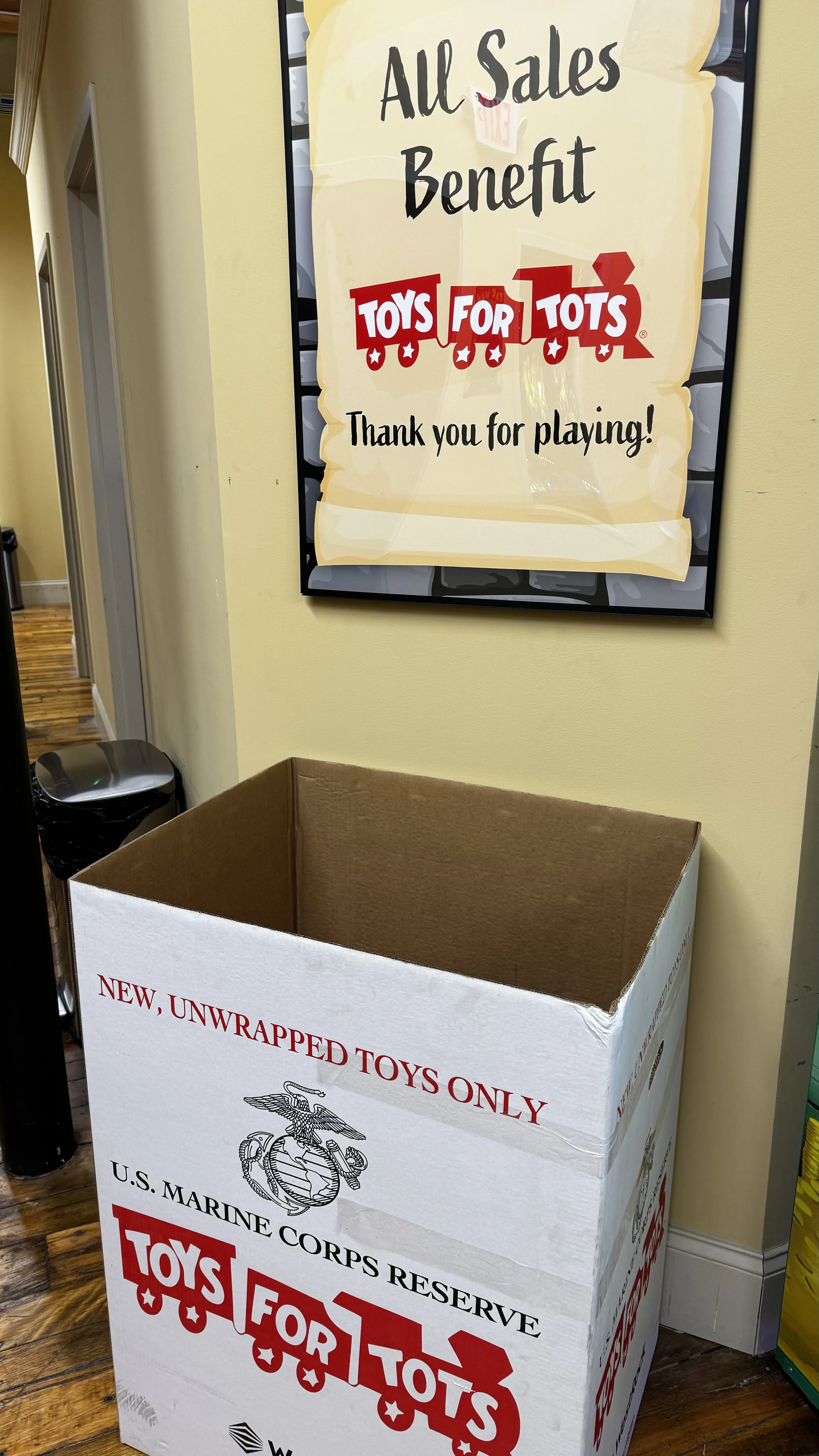 Toys for Tots donation box for collecting new, unwrapped toys