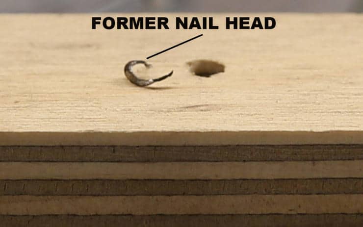 Curved removed nail head on wooden surface with labeled annotation