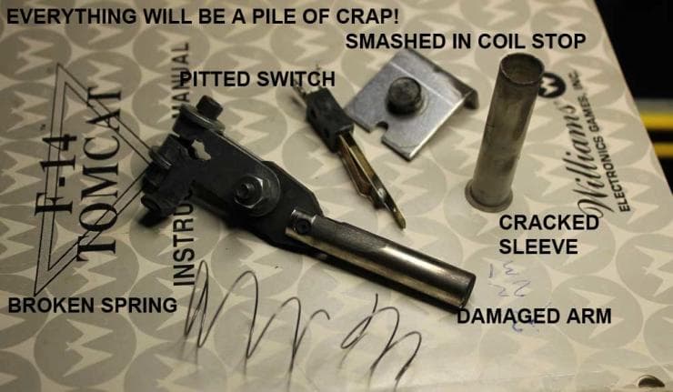 Damaged mechanical parts and tools labeled with critical flaws