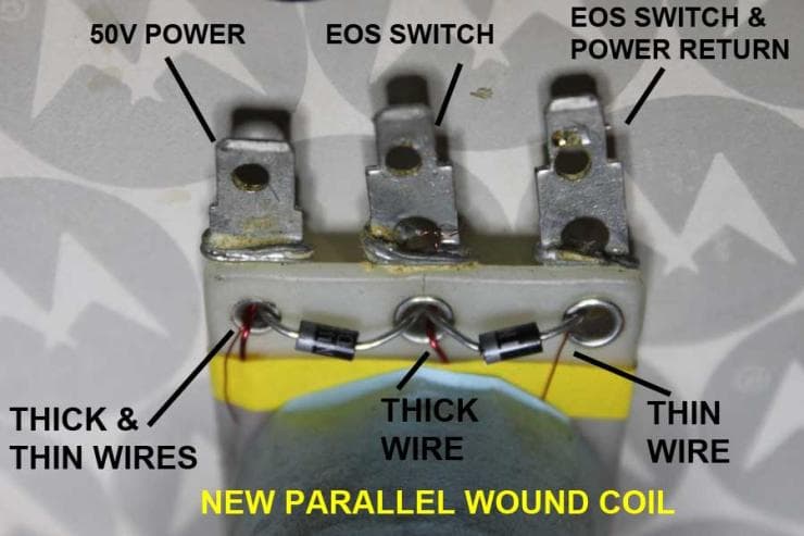 Electrical component with labeled terminals and wires, new parallel wound coil