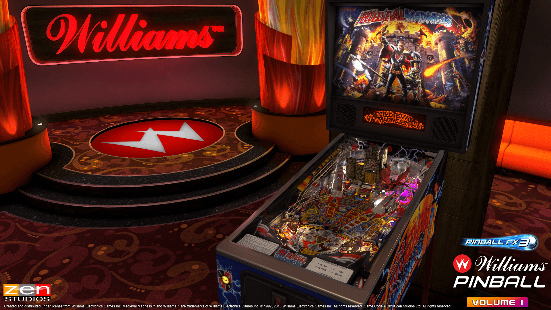 Medieval Madness pinball machine with Williams logo and colorful playfield