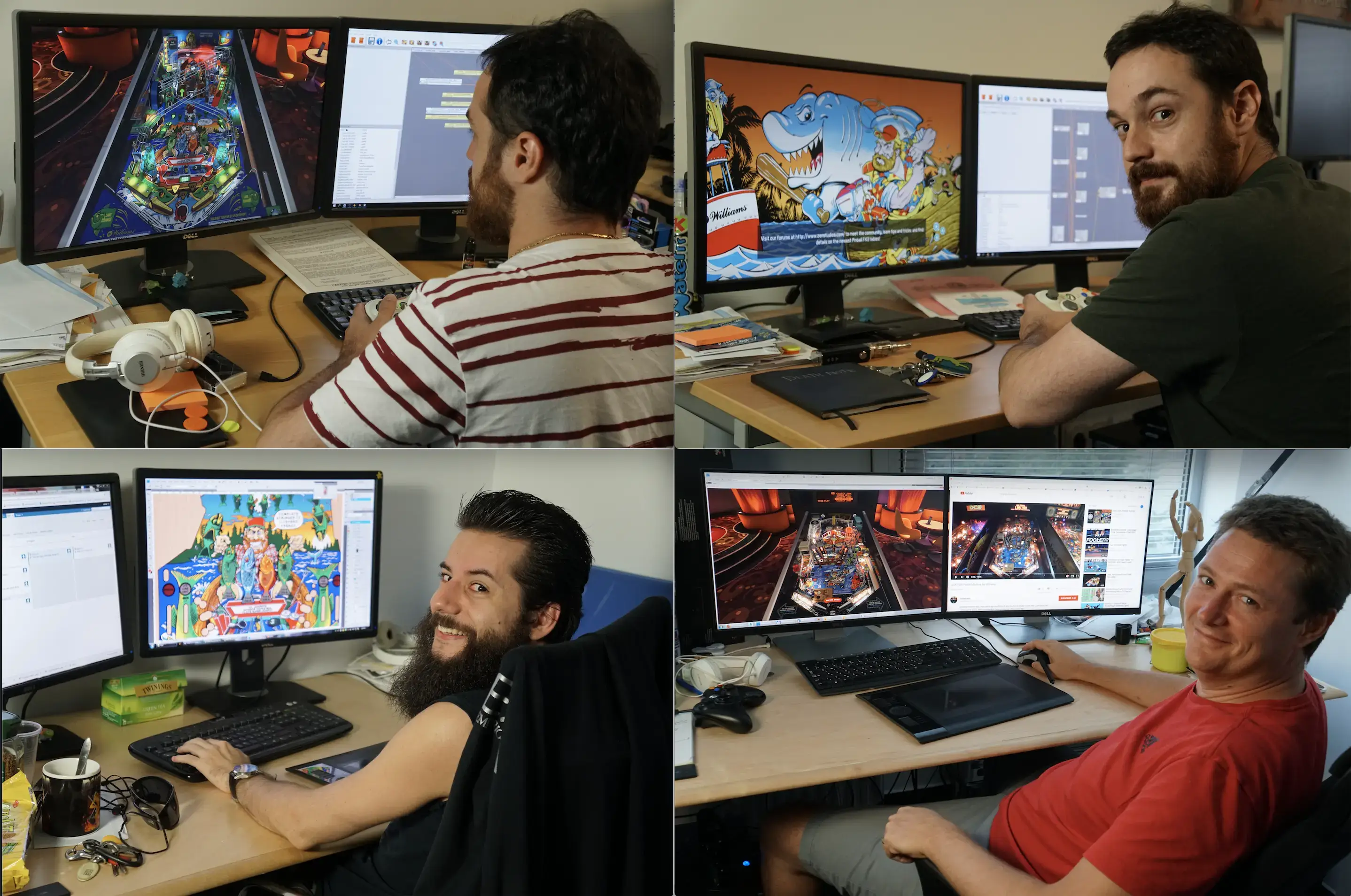 Developers working on pinball game design with colorful screens and workstations