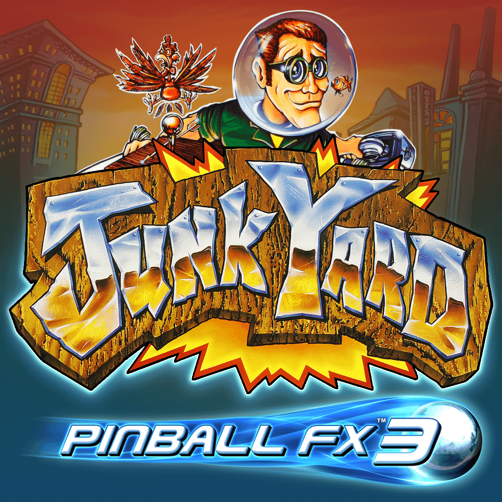 Pinball FX3 game logo with cartoon scientist and urban background