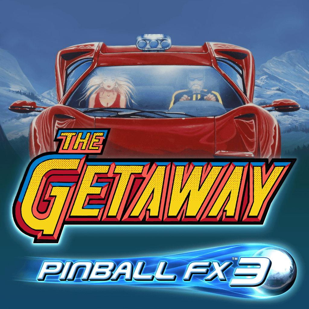 The Getaway pinball game logo with red car and mountain background