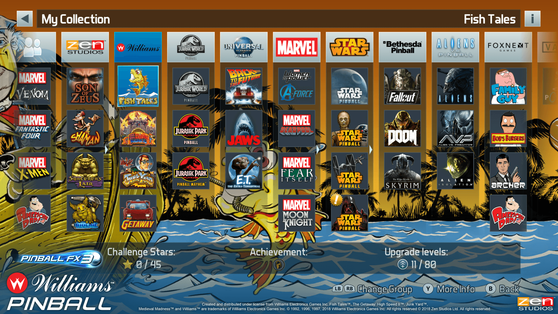 Pinball FX3 game selection screen with multiple themed pinball tables