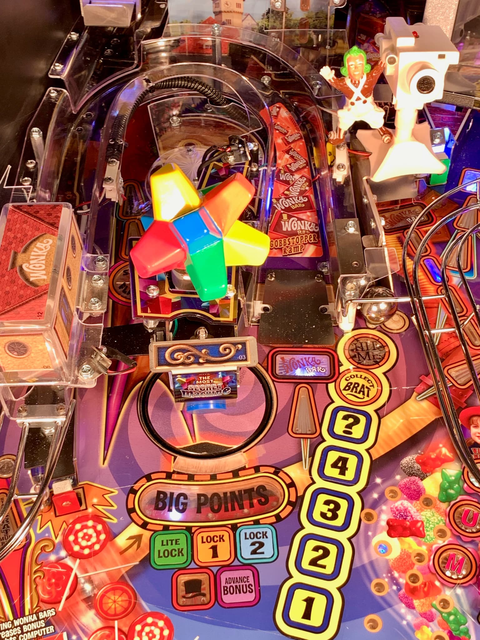 Colorful Willy Wonka pinball machine with candy, lights, and game elements