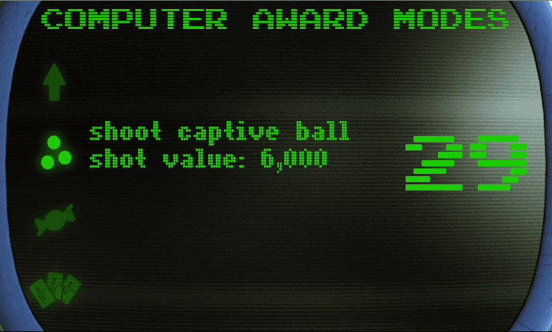 Retro computer screen showing game stats with green pixelated text