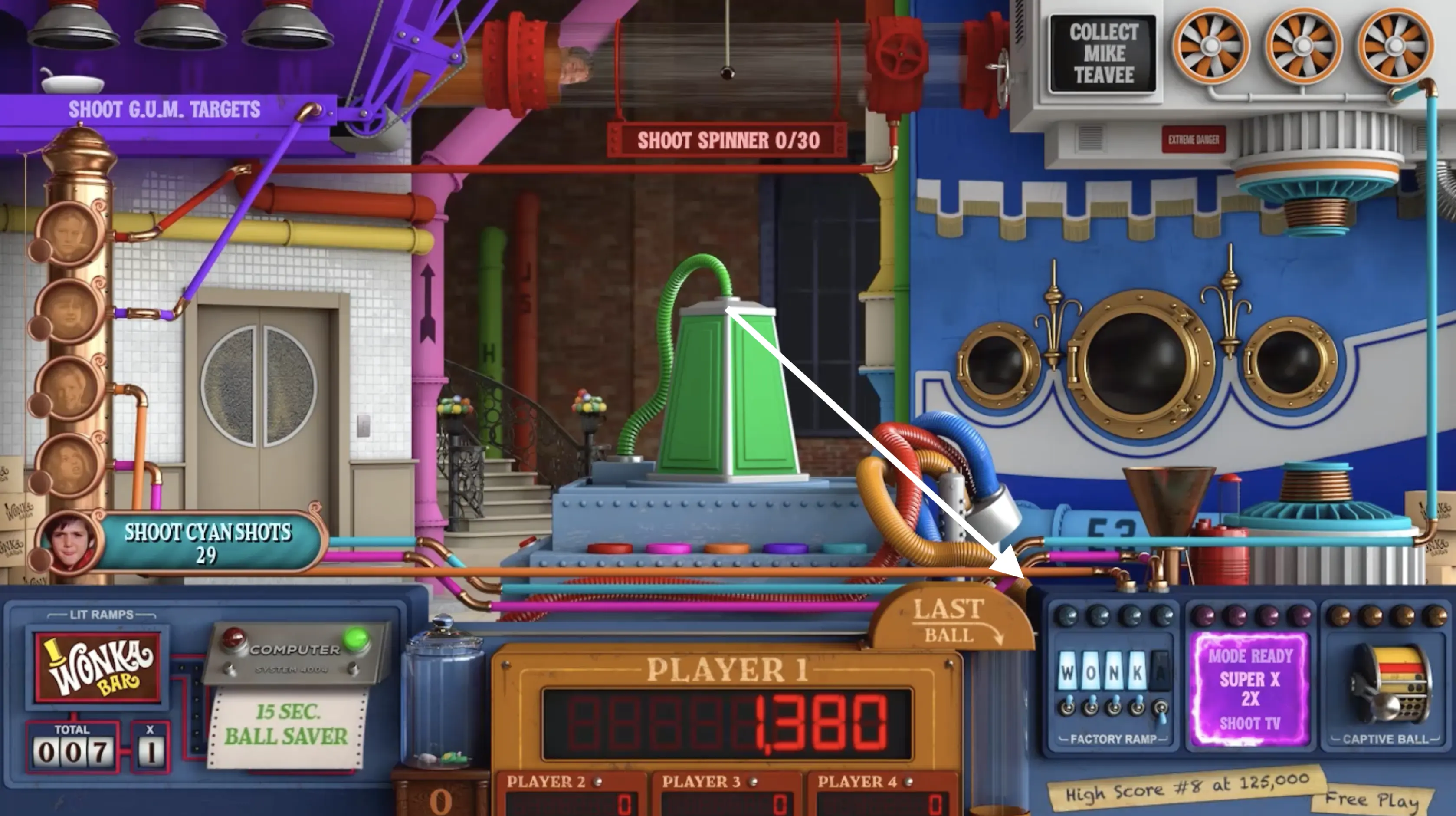 Colorful pinball machine screen with complex mechanical industrial design