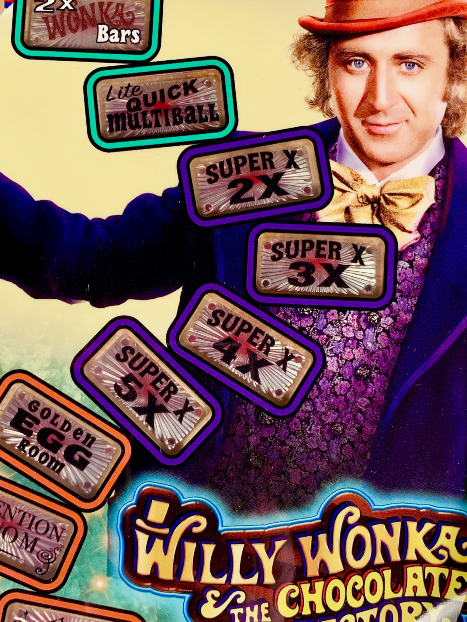 Willy Wonka with colorful candy bar labels in whimsical poster design