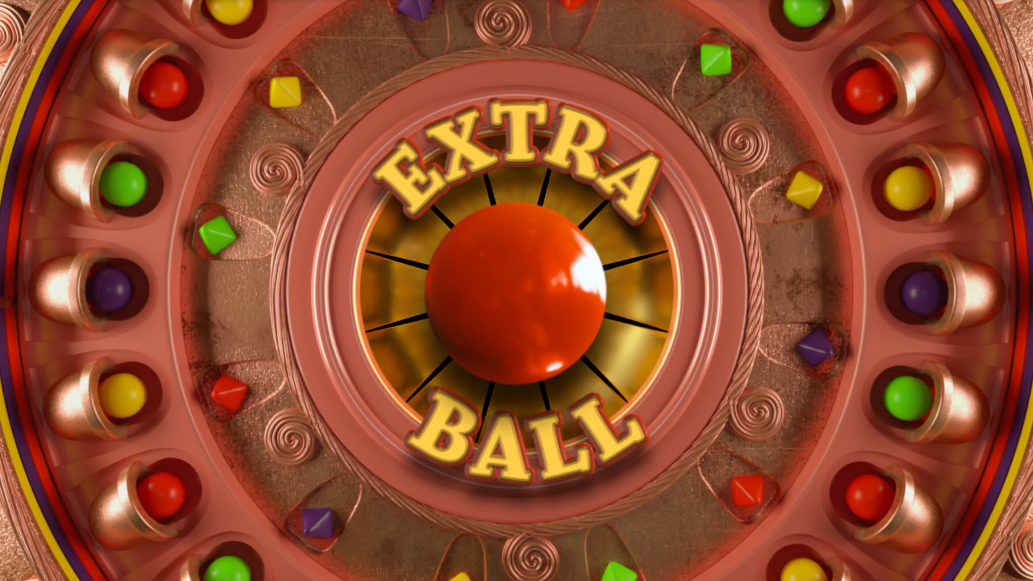 Colorful Extra Ball pinball game graphic with red central sphere