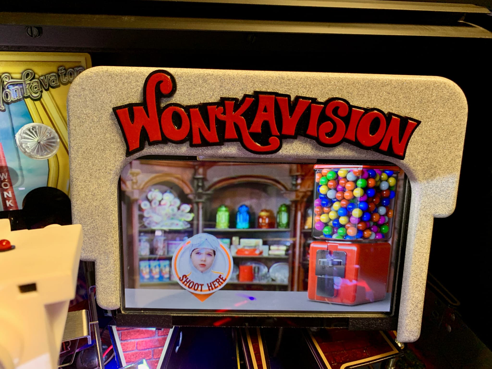 Wonkavision screen with colorful display and gumball machine