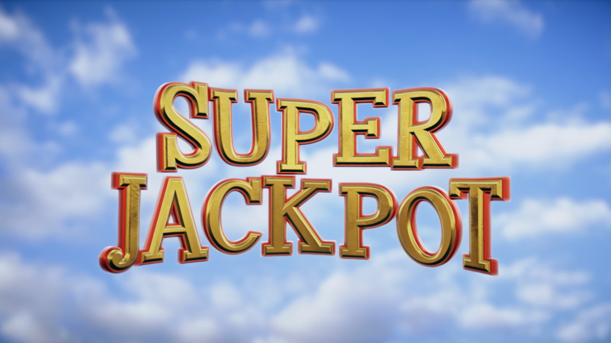 Super Jackpot text in golden letters against cloudy blue sky background