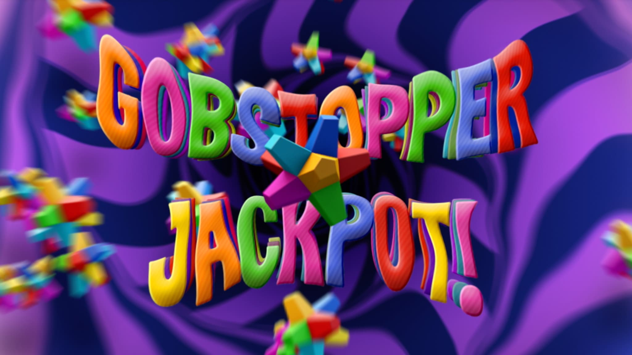 Colorful 3D text 'Gobstapper Jackpot' with playful geometric shapes