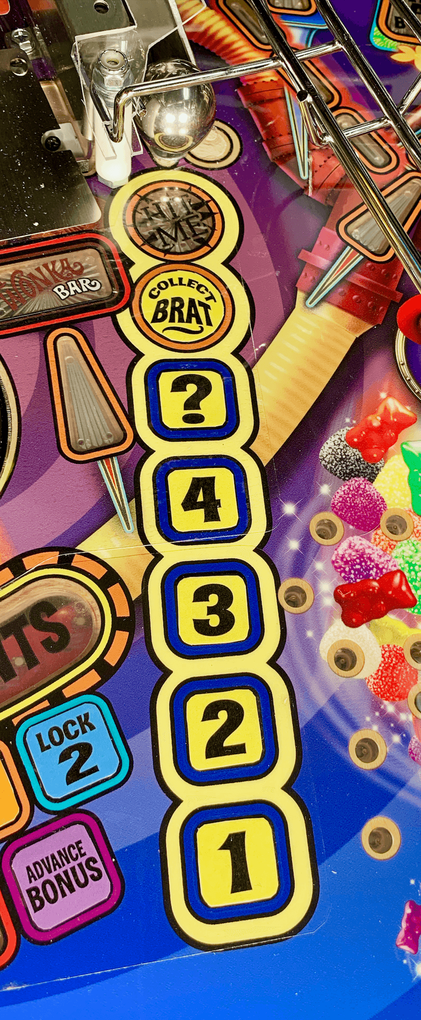 Numbered pinball machine playfield with colorful design and gummy candies