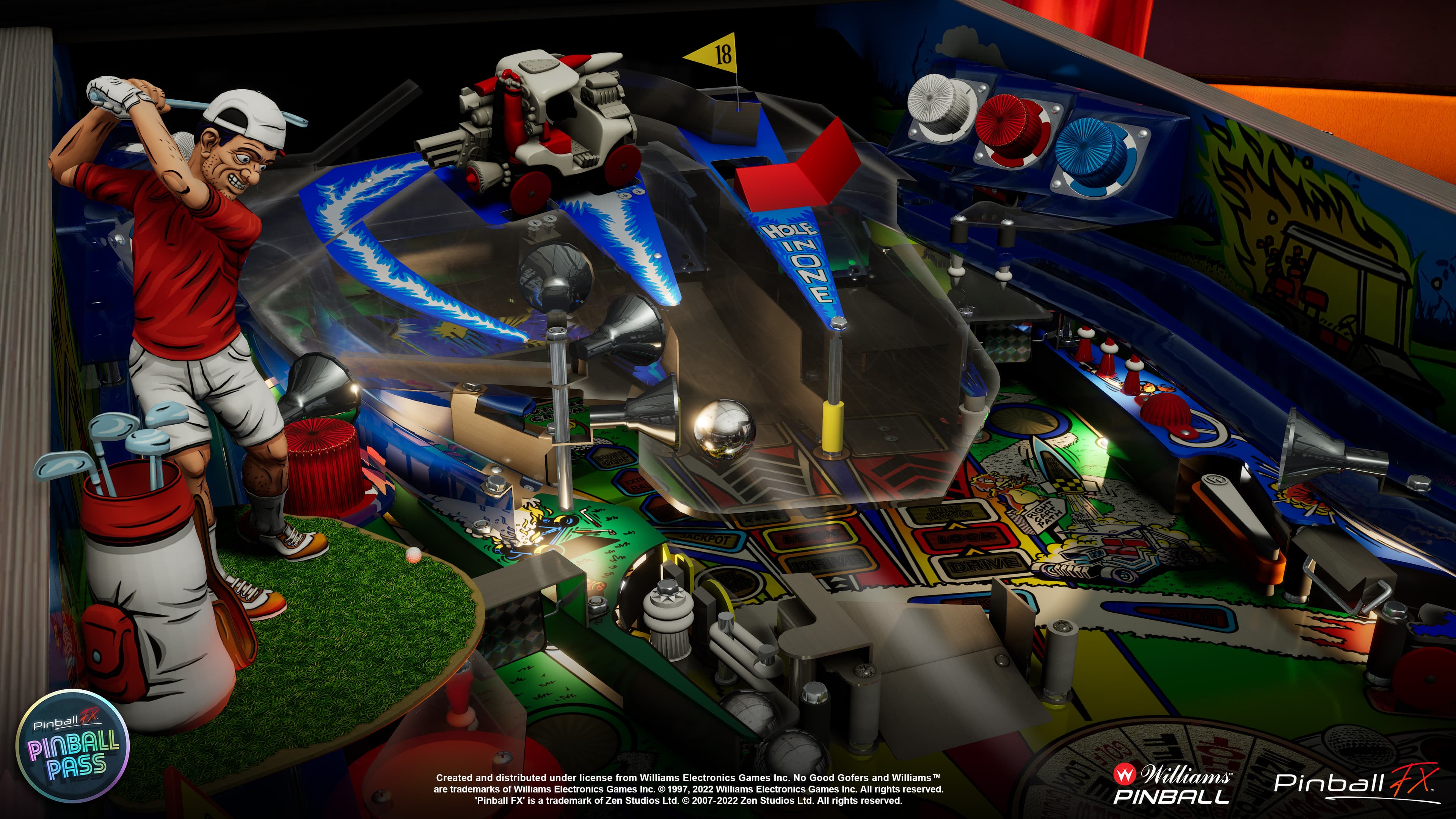 Colorful pinball machine with golfer character and detailed game elements