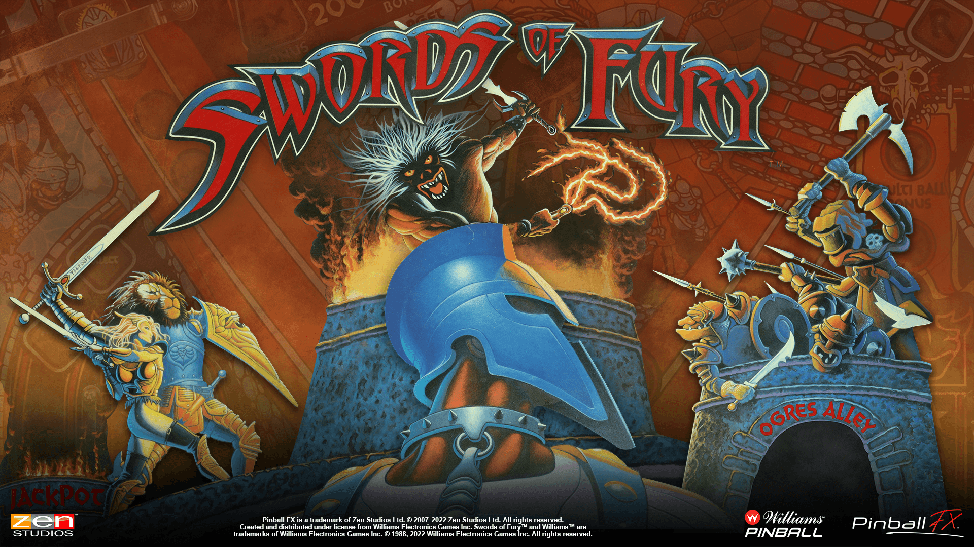 Swords of Fury pinball game artwork with fantasy warriors and monsters