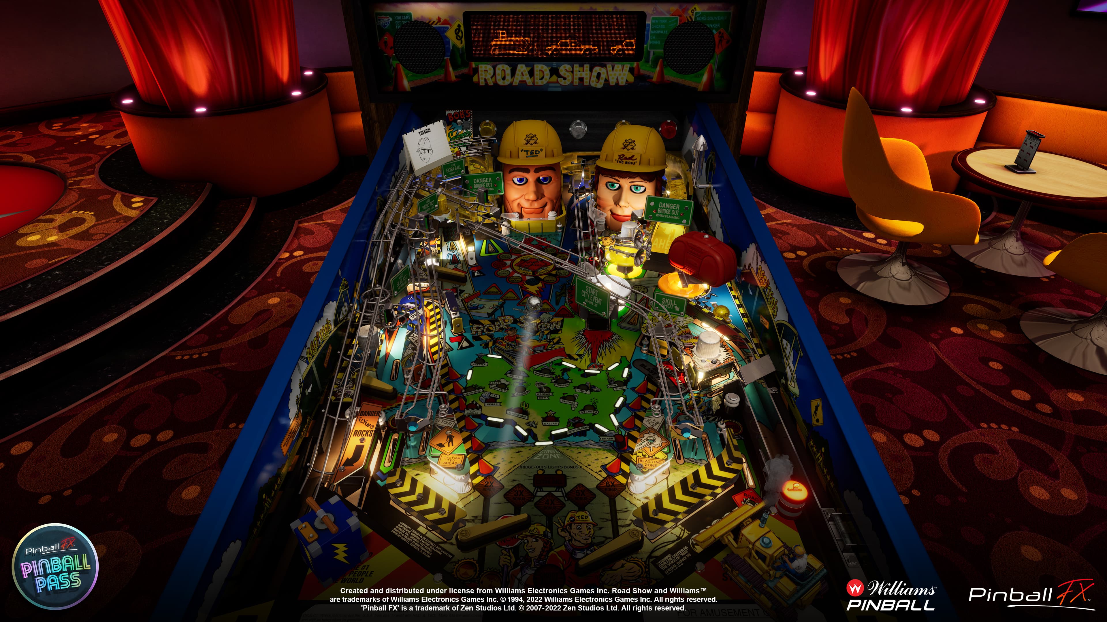 Road Show pinball machine with construction workers and colorful playfield