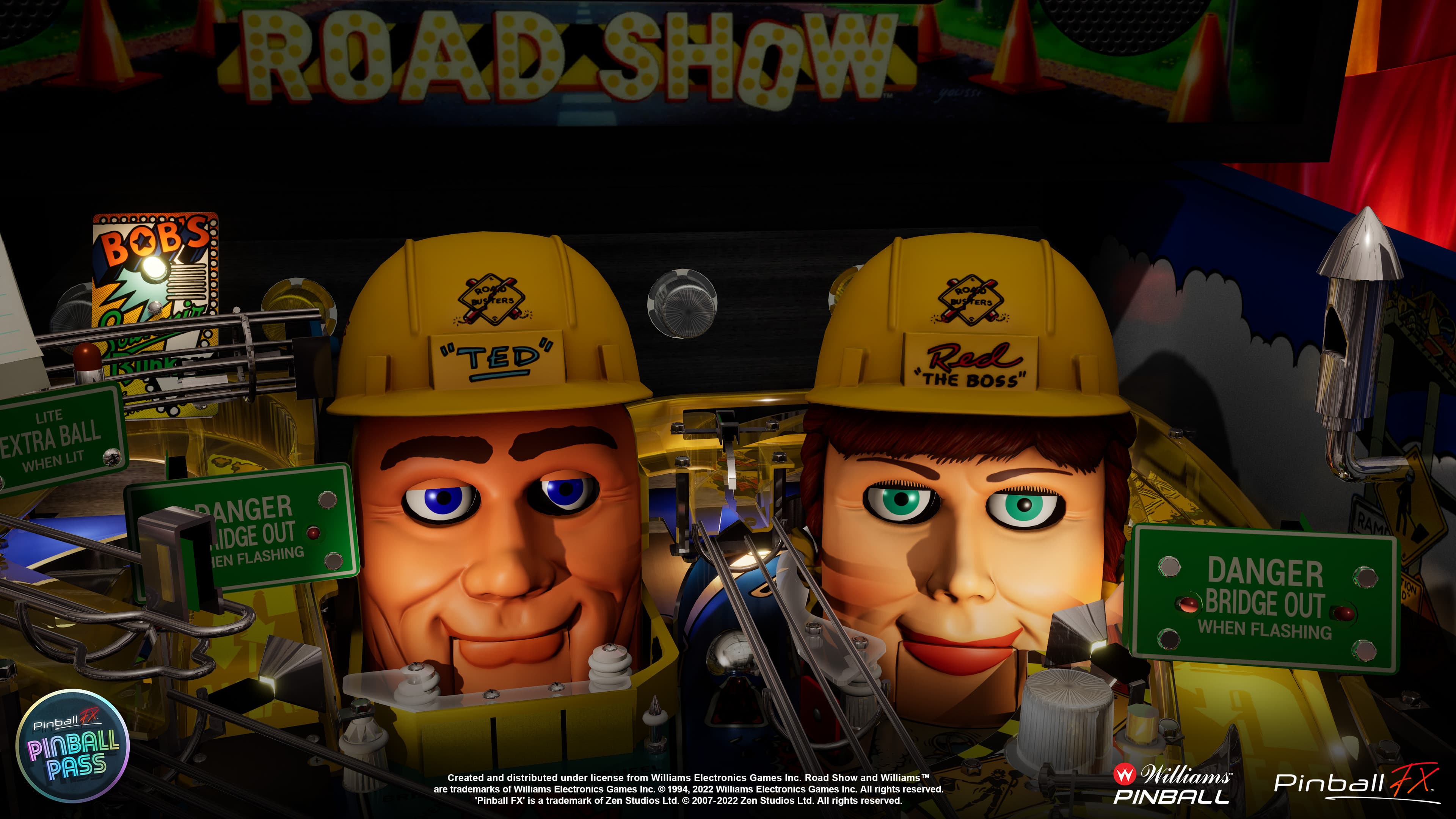 Road Show pinball game with cartoon characters wearing yellow construction helmets