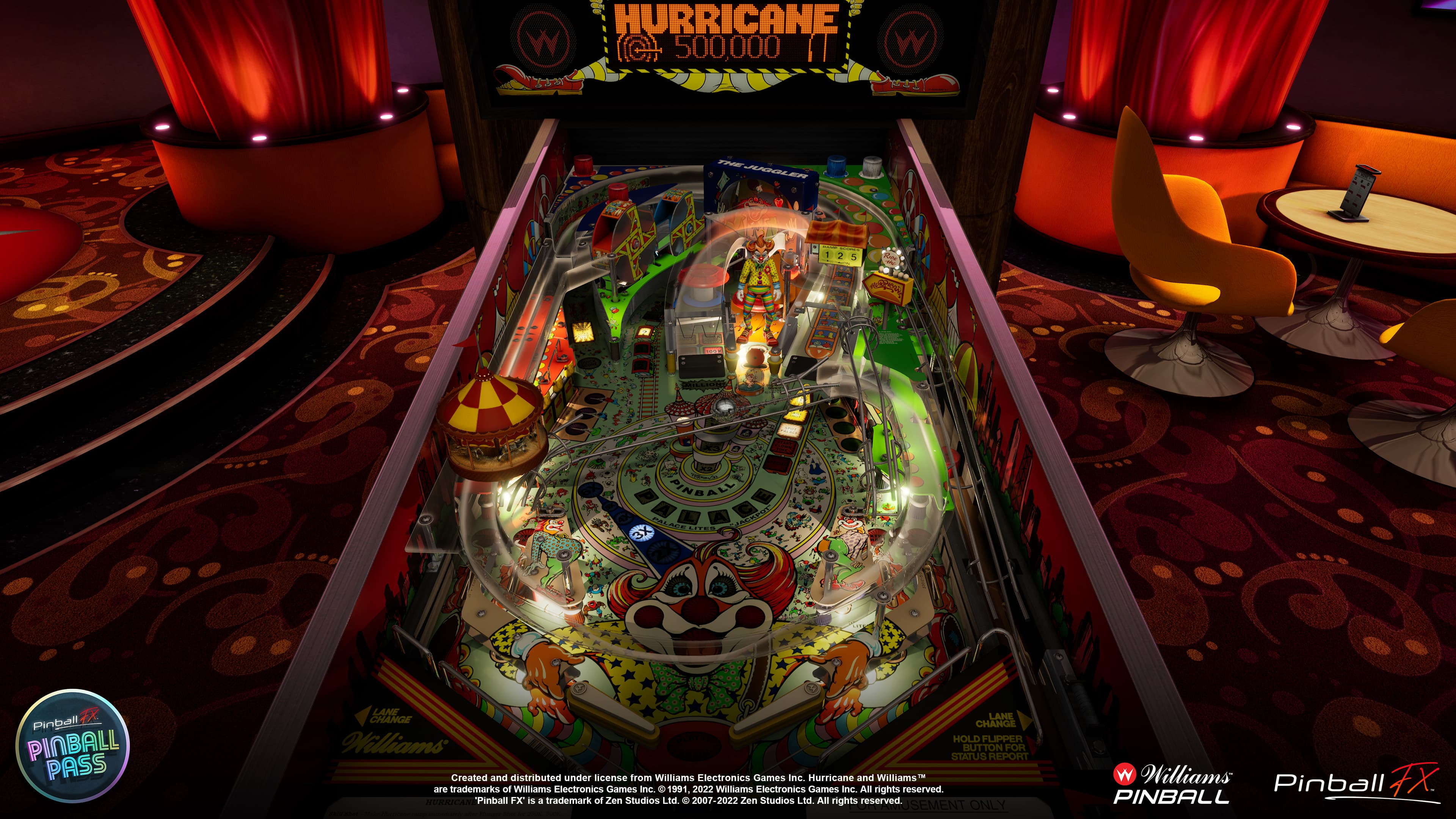 Hurricane pinball machine with colorful playfield and clown graphic