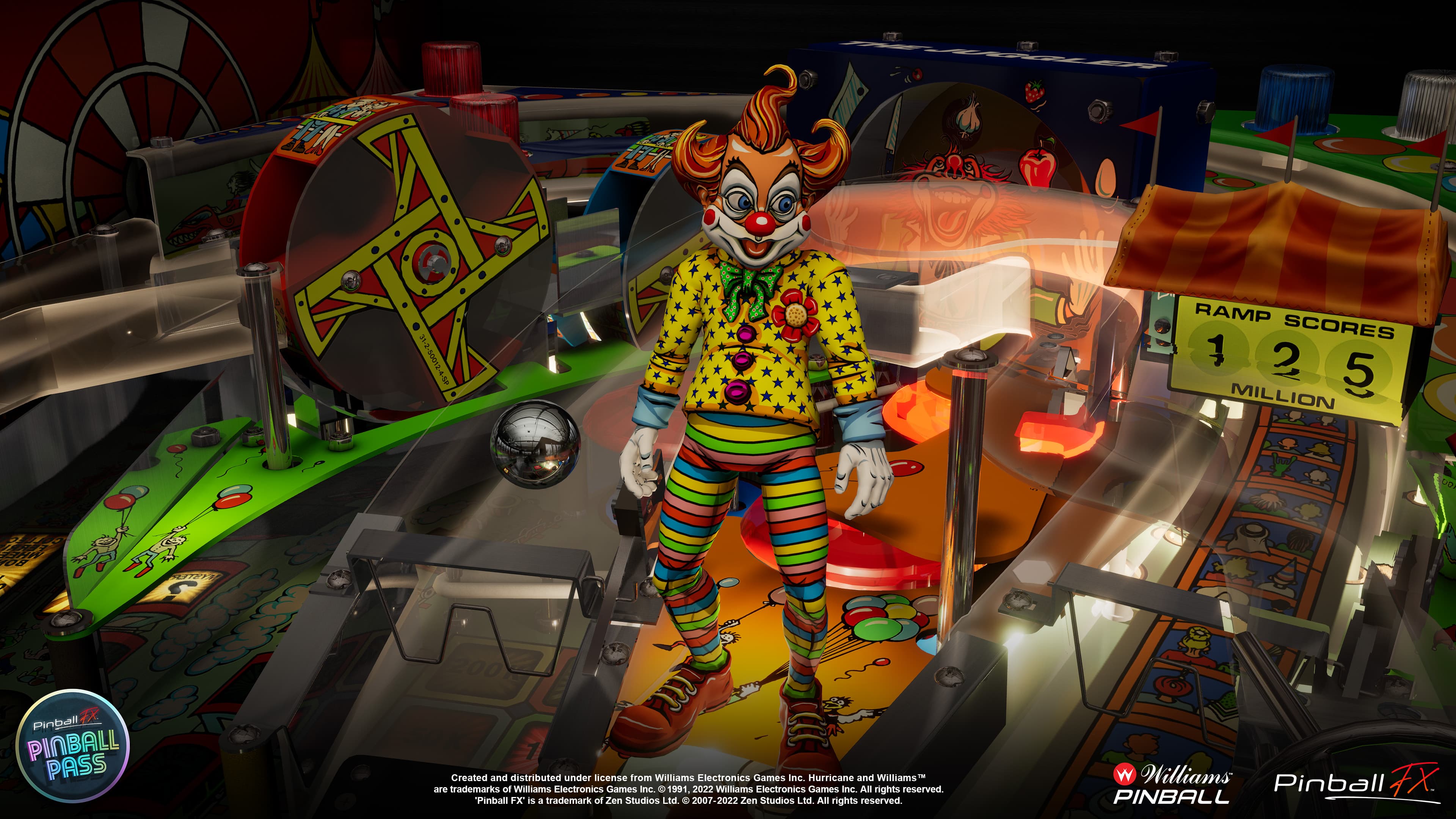 Colorful clown standing on vibrant pinball machine with spinning wheel