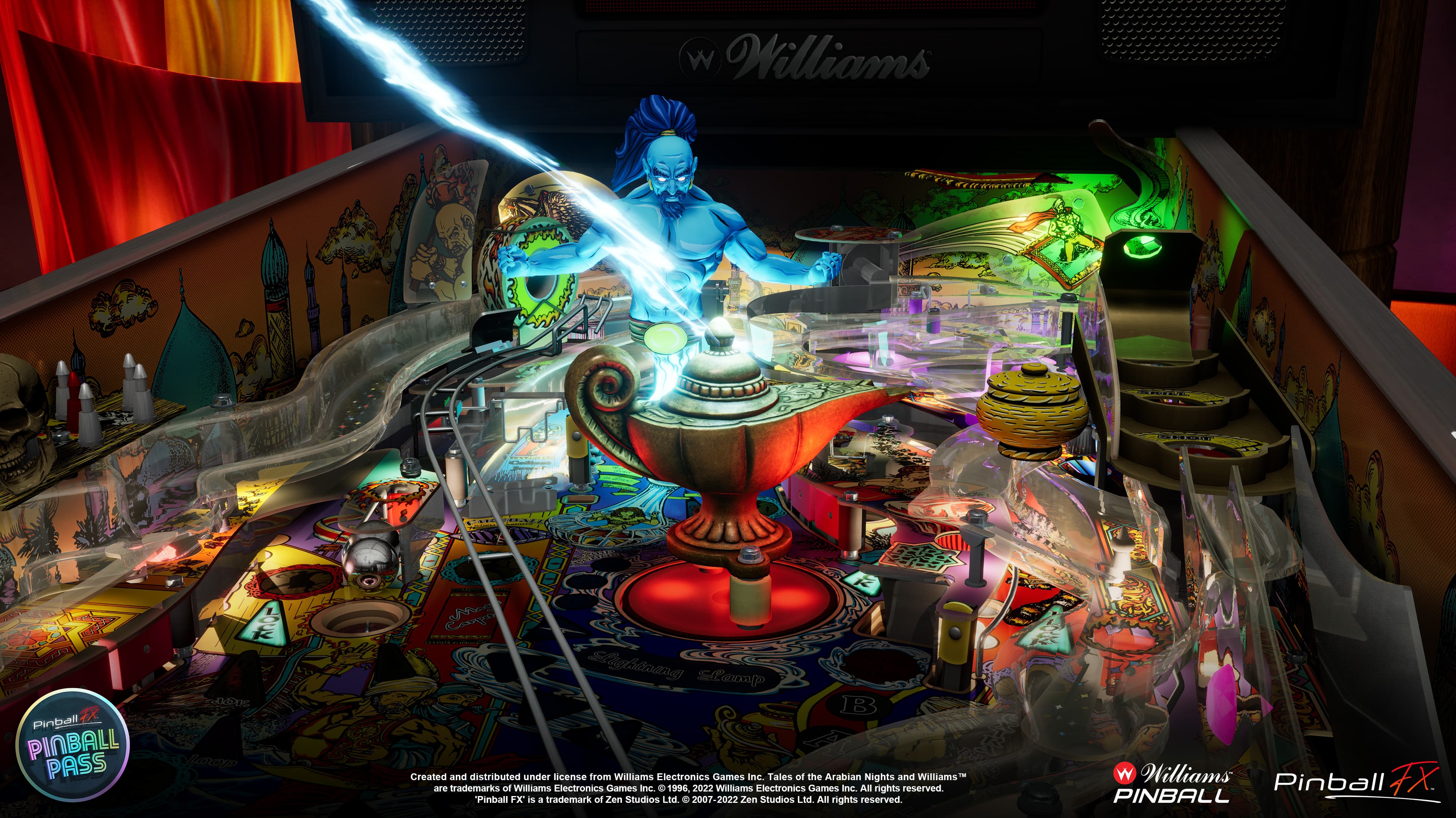Colorful Arabian Nights-themed pinball machine with magical blue genie