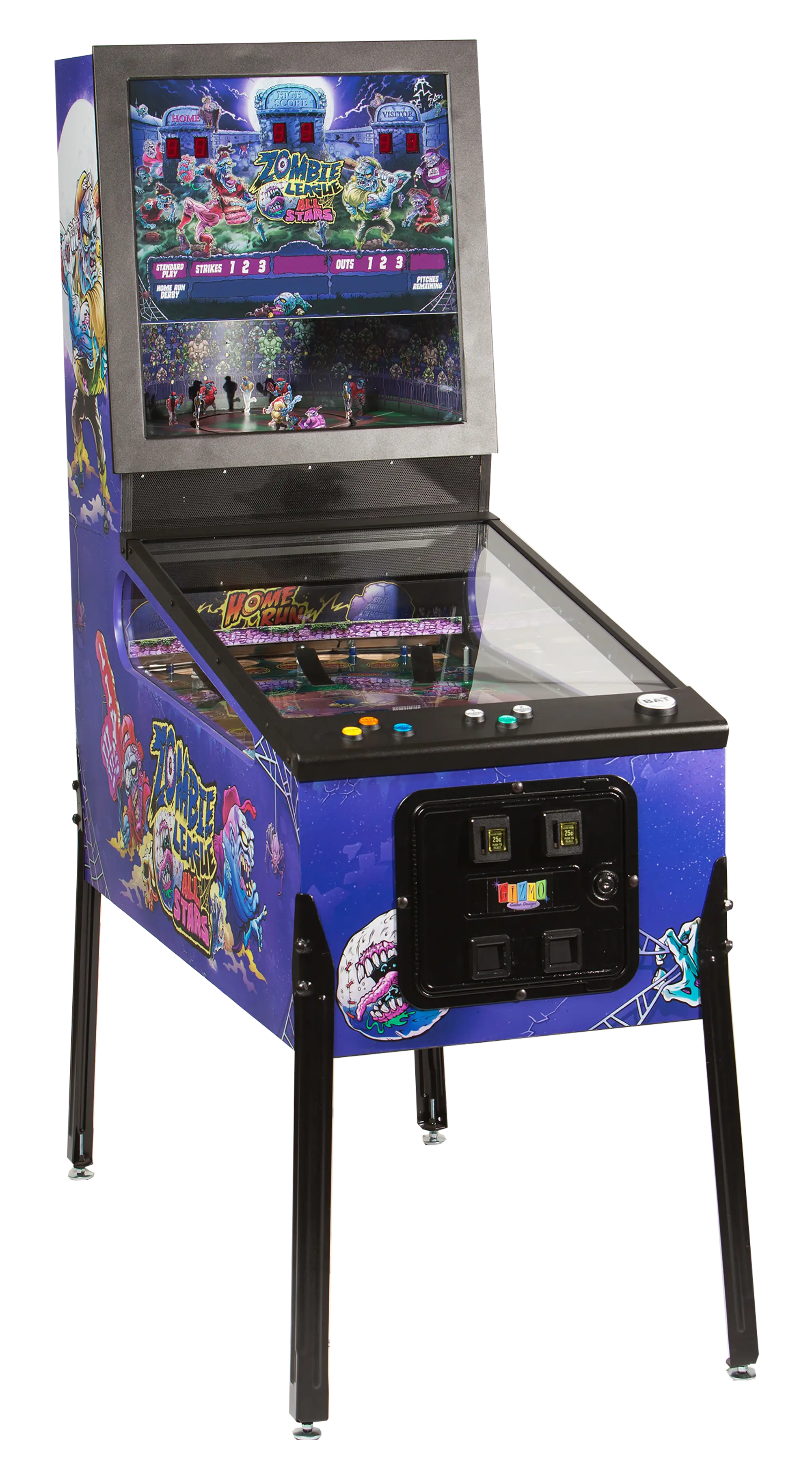 Zombie Crusher pinball machine with colorful zombie-themed playfield and screen