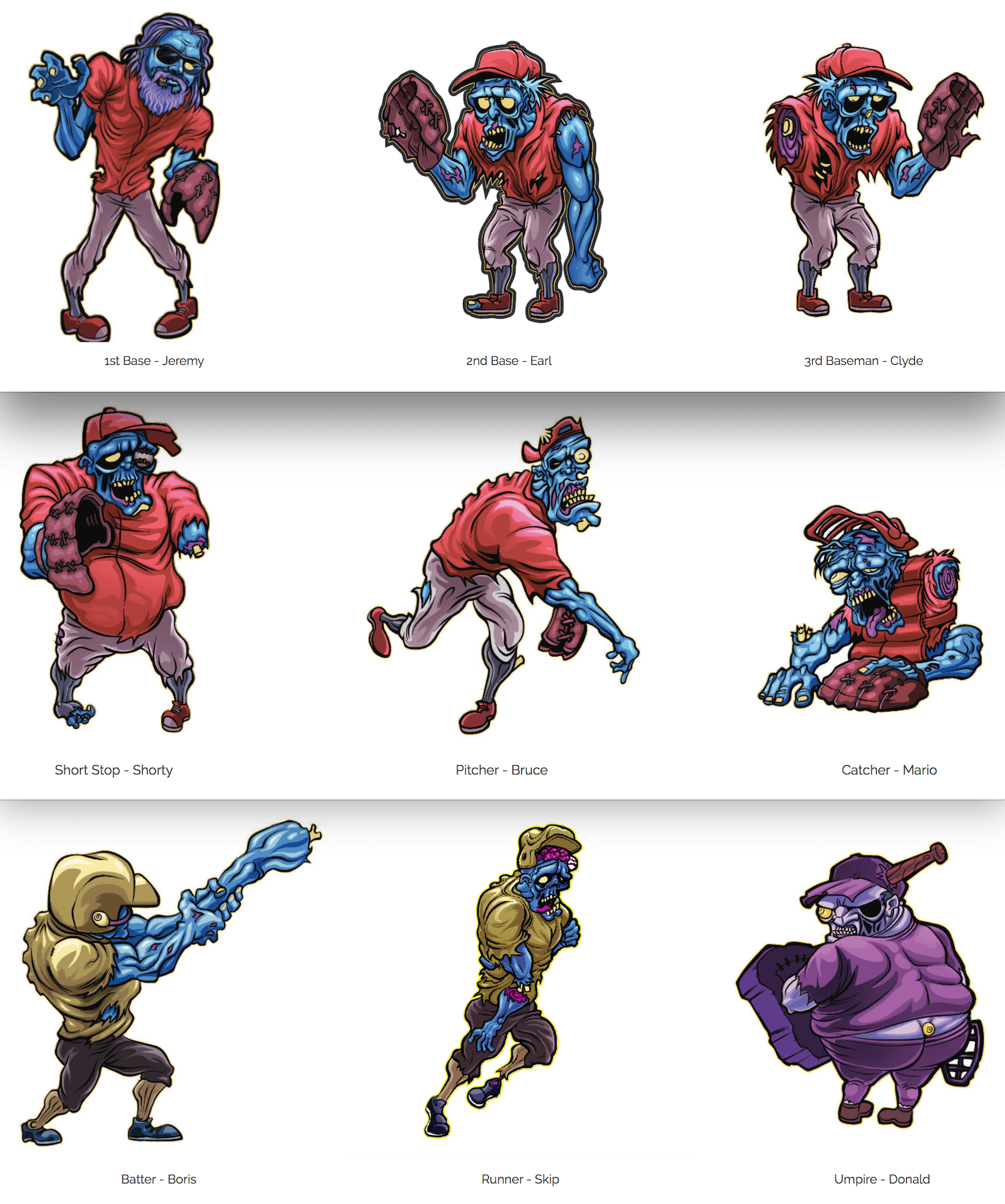 Zombie baseball team with players in different positions and colorful designs
